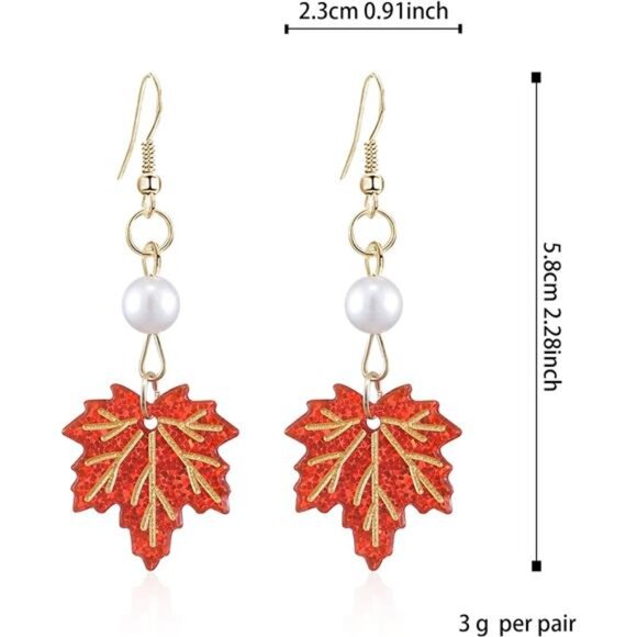 Long Maple Leaf Pearl Earrings | Elegant Fall Dangle Jewelry - Picture 5 of 6